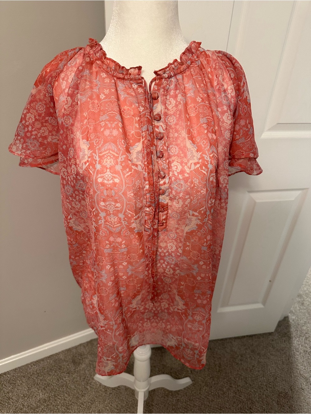 Philosophy Coral Paisley Peasant Top with Ruffle Trim